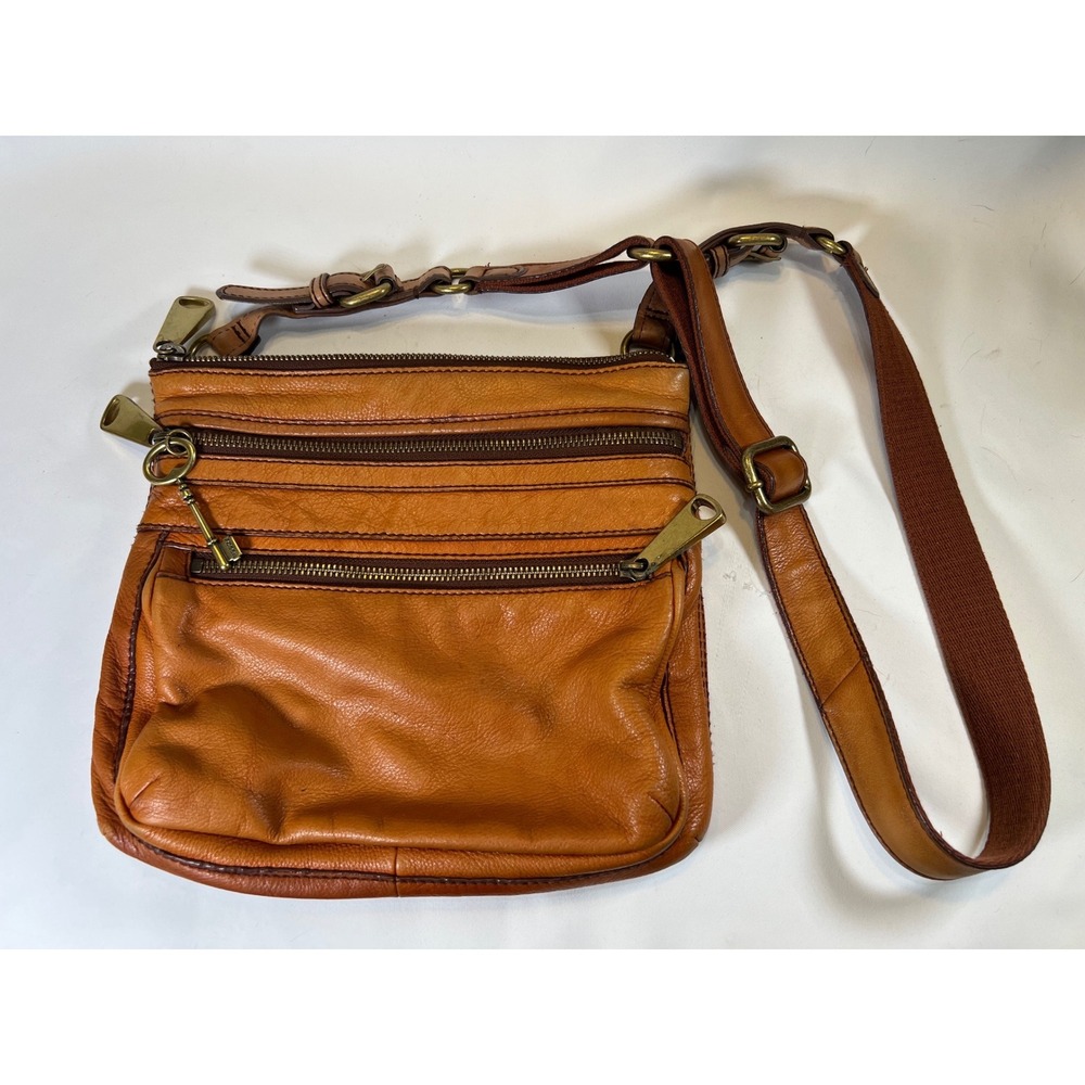 Fossil Leather Crossbody Bag Organizer Ginger Brown Brass Key ZB2533